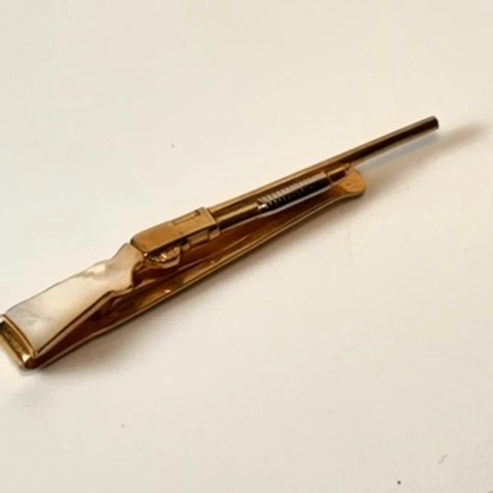 Vintage Rifle Tie Clip Gold Tone Mother of Pearl Inlay Western Goth Boho Chic